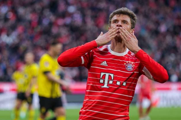 01 04 2023, football, season 2022 2023, 1 Bundesliga, 26 matchday, FC Bayern München Borussia Dortmund, Thomas Müller FC Bayern München celebrates the goal to 3 0, Munich Allianz Arena Bayern Germany xRHR PHOTO DEx Copyright: DennisxEwert RHR-FOTOx RHR-FOTO DE
