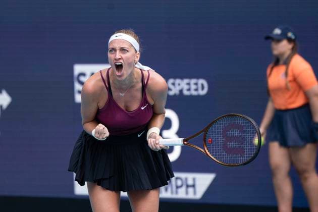 April 1, 2023, Miami Gardens, Florida, United States: April, 01 - Miami Gardens: Petra Kvitova(CZE), celebrating here, plays Elena Rybakina(KAZ) in the Singles Finals of the 2023 Miami Open by Itau. Miami Gardens United States - ZUMApa3_ 0241160896st Copyright: xAndrewxPatronx