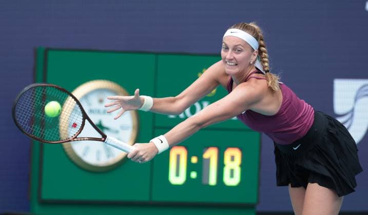 Petra Kvitova from the Czech Republic hit a backhand shot to Elena Rybakina from Kazakhstan in the women s final at the Miami Open in the Hard Rock Stadium, Miami Gardens, Florida, on Saturday, April 1, 2023. Kvitova defeated Rybakina 7-6, 6-2.  MIA20230401108 GARYxIxROTHSTEIN