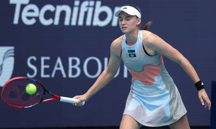 Elena Rybakina from Kazakhstan hits a forehand shot Petra Kvitova from the Czech Republic in the women s final at the Miami Open in the Hard Rock Stadium, Miami Gardens, Florida, on Saturday, April 1, 2023. Kvitova defeated Rybakina 7-6, 6-2.  MIA20230401111 GARYxIxROTHSTEIN