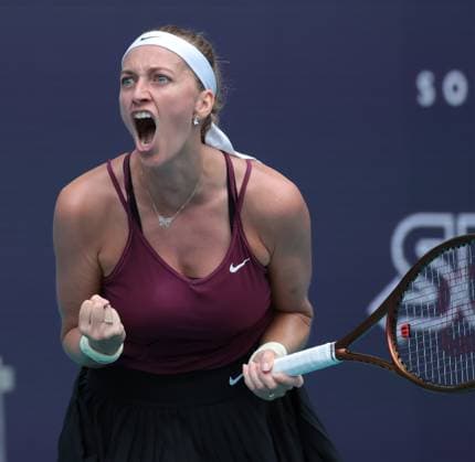 Petra Kvitova from the Czech Republic reacts after winning a first set tie-breaker against Elena Rybakina from Kazakhstan in the women s final at the Miami Open in the Hard Rock Stadium, Miami Gardens, Florida, on Saturday, April 1, 2023. Kvitova defeated Rybakina 7-6, 6-2.  MIA20230401114 GARYxIxROTHSTEIN