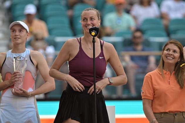 MIAMI GARDENS, FL - APRIL 01: Petra Kvitova (CZE) wins the Women™s Finals of the Miami Open on April 1, 2023 at Hard Rock Stadium in Miami Gardens Florida. (Photo by Michele Eve Sandberg Icon Sportswire) TENNIS: APR 01 Miami Open Icon2304013507