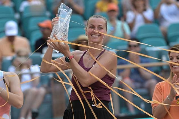 MIAMI GARDENS, FL - APRIL 01: Petra Kvitova (CZE) wins the Women™s Finals of the Miami Open on April 1, 2023 at Hard Rock Stadium in Miami Gardens Florida. (Photo by Michele Eve Sandberg Icon Sportswire) TENNIS: APR 01 Miami Open Icon2304013519