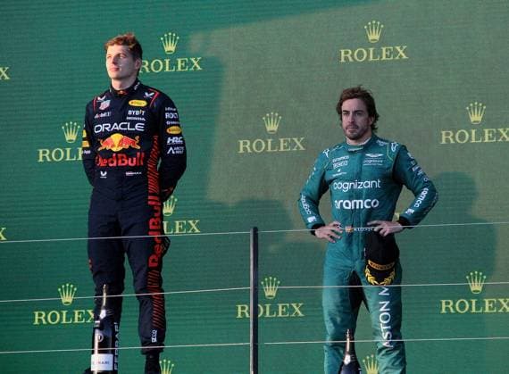 FORMULA 1 ROLEX AUSTRALIAN GRAND PRIX 2022 02.04.2023, Albert-Park, Melbourne, FORMULA 1 ROLEX AUSTRALIAN GRAND PRIX 2022 , im Bild Podium: Sieger Max Verstappen (NLD), Oracle Red Bull Racing, 2.Platz für Lewis Hamilton (GBR), Mercedes-AMG Petronas Formula One Team, 3.Platz für Fernando Alonso (ESP), Aston Martin Aramco Cognizant Formula One Team nordphotoxGmbHx xBratic nph00250