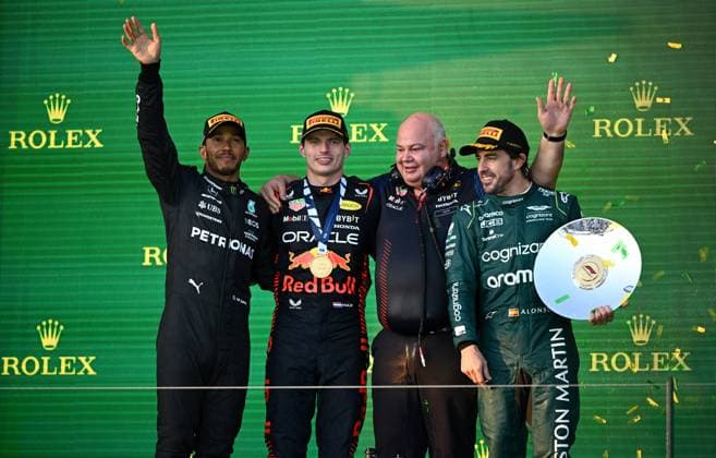 AUSTRALIAN F1 GRAND PRIX, (L to R): Lewis Hamilton (GBR) Mercedes AMG F1, second; Max Verstappen (NLD) Red Bull Racing, race winner; Rob Marshall (GBR) Red Bull Racing Chief Engineering Officer and Fernando Alonso (ESP) Aston Martin F1 Team, third are seen on the podium following the 2023 Australian Grand Prix at the Albert Park Circuit in Melbourne, Sunday, April 02, 2023. ( NO ARCHIVING, EDITORIAL USE ONLY, NO USE IN BOOKS WITHOUT CONSENT MELBOURNE VICTORIA AUSTRALIA  Copyright: xJOELxCARRETTx 20230402001782068572