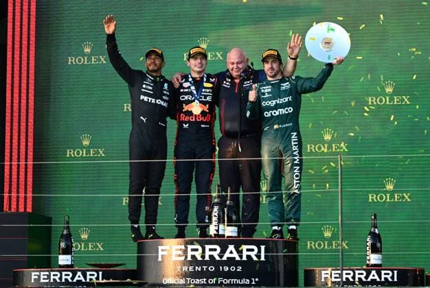 AUSTRALIAN F1 GRAND PRIX, (L to R): Lewis Hamilton (GBR) Mercedes AMG F1, second; Max Verstappen (NLD) Red Bull Racing, race winner; Rob Marshall (GBR) Red Bull Racing Chief Engineering Officer and Fernando Alonso (ESP) Aston Martin F1 Team, third are seen on the podium following the 2023 Australian Grand Prix at the Albert Park Circuit in Melbourne, Sunday, April 02, 2023. ( NO ARCHIVING, EDITORIAL USE ONLY, NO USE IN BOOKS WITHOUT CONSENT MELBOURNE VICTORIA AUSTRALIA  Copyright: xJOELxCARRETTx 20230402001782069979