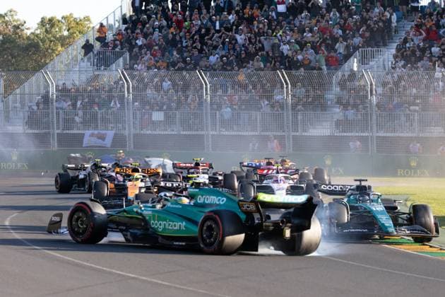 MELBOURNE, AUSTRALIA - APRIL 02: Fernando Alonso (14) driving for Aston Martin Aramco Cognizant F1 Team colliding during The Australian Formula One Grand Prix on April 02, 2023, at The Melbourne Grand Prix Circuit in Albert Park, Australia. (Photo by Dave Hewison Speed Media Icon Sportswire) AUTO: APR 02 F1 - Australian Grand Prix Icon23040229108