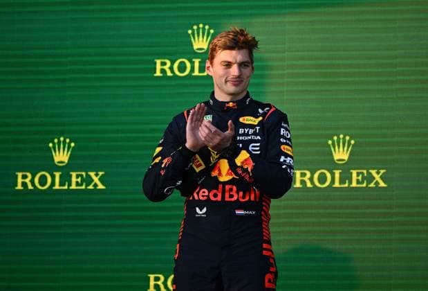 AUSTRALIAN F1 GRAND PRIX, Red Bull driver Max Verstappen of Netherlands celebrates on the podium after winning the 2023 Australian Grand Prix at the Albert Park Circuit in Melbourne, Sunday, April 02, 2023. ( NO ARCHIVING, EDITORIAL USE ONLY, NO USE IN BOOKS WITHOUT CONSENT MELBOURNE VICTORIA AUSTRALIA  Copyright: xJOELxCARRETTx 20230402001782073567