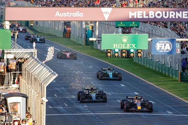Race finish, 1 Max Verstappen (NLD, Oracle Red Bull Racing), 44 Lewis Hamilton (GBR, Mercedes-AMG Petronas F1 Team), 14 Fernando Alonso (ESP, Aston Martin Aramco Cognizant F1 Team), F1 Grand Prix of Australia at Albert Park Circuit on April 2, 2023 in Melbourne, Australia. (Photo by HOCH ZWEI) Melbourne Australia