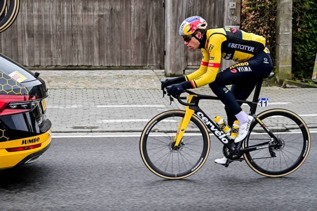 Belgian Wout van Aert of Team Jumbo-Visma pictured in action during the men s race of the Ronde van Vlaanderen Tour des Flandres Tour of Flanders one day cycling event, 273,4km from Brugge to Oudenaarde, Sunday 02 April 2023. DIRKxWAEM  x64033884x