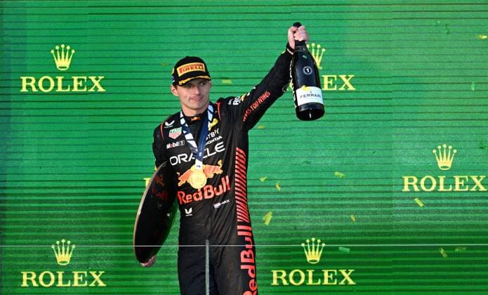 AUSTRALIAN F1 GRAND PRIX, Red Bull driver Max Verstappen of Netherlands celebrates on the podium after winning the 2023 Australian Grand Prix at the Albert Park Circuit in Melbourne, Sunday, April 2, 2023. ( NO ARCHIVING, EDITORIAL USE ONLY, NO USE IN BOOKS WITHOUT CONSENT MELBOURNE VICTORIA AUSTRALIA  Copyright: xJAMESxROSSx 20230402001782083630