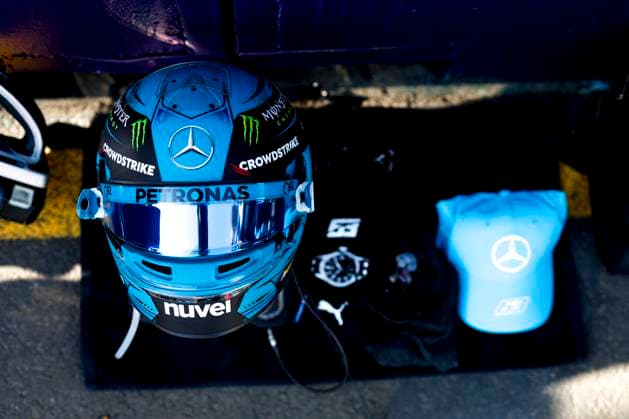 Helmet of 63 George Russell (GBR, Mercedes-AMG Petronas F1 Team), F1 Grand Prix of Australia at Albert Park Circuit on April 2, 2023 in Melbourne, Australia. (Photo by HOCH ZWEI) Melbourne Australia