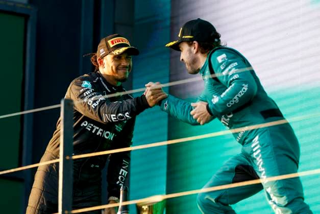 44 Lewis Hamilton (GBR, Mercedes-AMG Petronas F1 Team), 14 Fernando Alonso (ESP, Aston Martin Aramco Cognizant F1 Team), F1 Grand Prix of Australia at Albert Park Circuit on April 2, 2023 in Melbourne, Australia. (Photo by HOCH ZWEI) Melbourne Australia