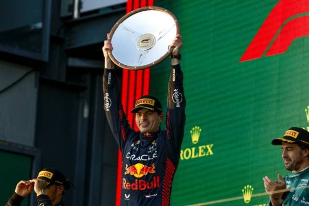VERSTAPPEN Max (ned), Red Bull Racing RB19, portrait podium during the Formula 1 Rolex Australian Grand Prix 2023, 3rd round of the 2023 Formula One World Championship, WM, Weltmeisterschaft from March 31 to April 2, 2023 on the Albert Park Circuit, in Melbourne, Australia - F1 - AUSTRALIAN GRAND PRIX 2023 - RACE DPPI Panoramic  00122007_F12023GP03AUS_JK266142