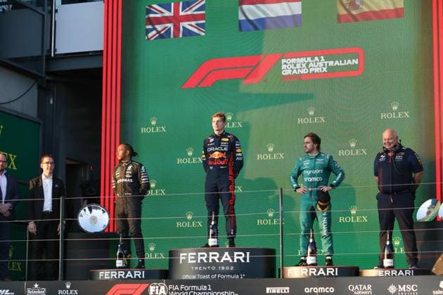 April 2, 2023: Dutch driver MAX VERSTAPPEN celebrates his victory on podium after the 2023 Formula One Australian Grand Prix at the Albert Park Circuit in Melbourne on April 02, 2023 in Melbourne, Australia - ZUMAa155 20230402_zaa_a155_018 Copyright: xChristopherxKhouryx