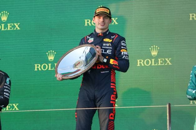 April 2, 2023: Dutch driver MAX VERSTAPPEN celebrates his victory on podium after the 2023 Formula One Australian Grand Prix at the Albert Park Circuit in Melbourne on April 02, 2023 in Melbourne, Australia - ZUMAa155 20230402_zaa_a155_020 Copyright: xChristopherxKhouryx