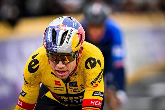 Belgian Wout van Aert of Team Jumbo-Visma crosses the finish line of the men s race of the Ronde van Vlaanderen Tour des Flandres Tour of Flanders one day cycling event, 273,4km from Brugge to Oudenaarde, Sunday 02 April 2023. ERICxLALMAND  x64050484x