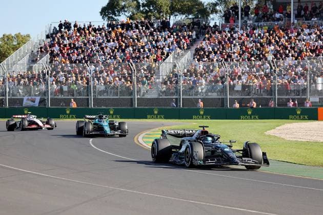 FORMULA 1 ROLEX AUSTRALIAN GRAND PRIX 2023 02.04.2023, Albert-Park, Melbourne, FORMULA 1 ROLEX AUSTRALIAN GRAND PRIX 2023 George Russell (GBR), Mercedes-AMG Petronas Formula One Team, Lance Stroll (CAN), Aston Martin Aramco Cognizant Formula One Team, Nico Hülkenberg (DEU), Moneygram Haas F1 Team nordphotoxGmbHx xBratic nph00250