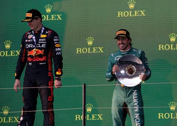 02.04.2023, Albert-Park, Melbourne, FORMULA 1 ROLEX AUSTRALIAN GRAND PRIX 2023 Sieger Max Verstappen (NLD), Oracle Red Bull Racing, 3.Platz für Fernando Alonso (ESP), Aston Martin Aramco Cognizant Formula One Team Melbourne Albert-Park Victoria Australien  eu-images-506