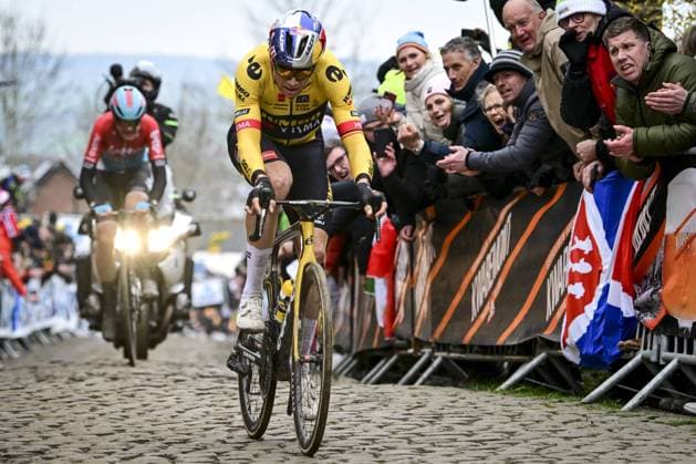 Belgian Wout van Aert of Team Jumbo-Visma pictured in action during the men s race of the Ronde van Vlaanderen Tour des Flandres Tour of Flanders one day cycling event, 273,4km from Brugge to Oudenaarde, Sunday 02 April 2023. DIRKxWAEM  x64054116x