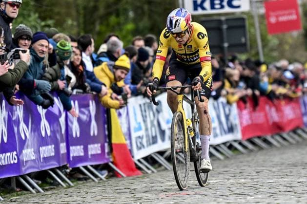 Belgian Wout van Aert of Team Jumbo-Visma pictured in action during the men s race of the Ronde van Vlaanderen Tour des Flandres Tour of Flanders one day cycling event, 273,4km from Brugge to Oudenaarde, Sunday 02 April 2023. DIRKxWAEM  x64056875x