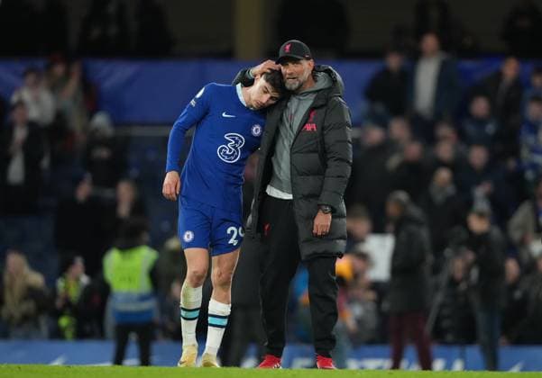 Sport Themen der Woche KW14 Sport Bilder des Tages Liverpool manager Jurgen Klopp & Kai Havertz of Chelsea during the Premier League match between Chelsea and Liverpool at Stamford Bridge, London, England on 4 April 2023. Copyright: xAndyxRowlandx PMI-5486-0082