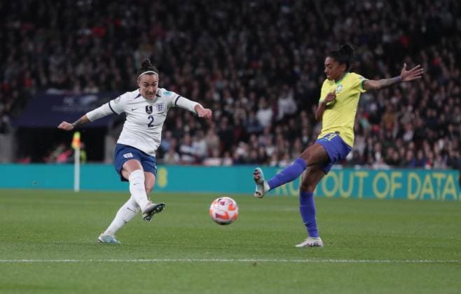 Mandatory Credit: Photo by Michael Zemanek Shutterstock (13857571h) Lucy Bronze of England has a shot England Women v Brazil Women, Finalissima, CONMEBOL-UEFA Cup of Champions, Football, Wembley Stadium, London, UK - 06 Apr 2023 EDITORIAL USE ONLY No use with unauthorised audio, video, data, fixture lists, club league logos or live services. Online in-match use limited to 120 images, no video emulation. No use in betting, games or single club league player publications. England Women v Brazil Women, Finalissima, CONMEBOL-UEFA Cup of Champions, Football, Wembley Stadium, London, UK - 06 Apr 2023 EDITORIAL USE ONLY No use with unauthorised audio, video, data, fixture lists, club league logos or live services. Online in-match use limited to 120 images, no video emulation. No use in betting, games or single club league player publications. Copyright: xMichaelxZemanek Shutterstockx 13857571h