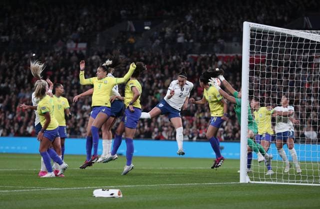 Mandatory Credit: Photo by Michael Zemanek Shutterstock (13857571i) Lucy Bronze of England heads at the goal England Women v Brazil Women, Finalissima, CONMEBOL-UEFA Cup of Champions, Football, Wembley Stadium, London, UK - 06 Apr 2023 EDITORIAL USE ONLY No use with unauthorised audio, video, data, fixture lists, club league logos or live services. Online in-match use limited to 120 images, no video emulation. No use in betting, games or single club league player publications. England Women v Brazil Women, Finalissima, CONMEBOL-UEFA Cup of Champions, Football, Wembley Stadium, London, UK - 06 Apr 2023 EDITORIAL USE ONLY No use with unauthorised audio, video, data, fixture lists, club league logos or live services. Online in-match use limited to 120 images, no video emulation. No use in betting, games or single club league player publications. Copyright: xMichaelxZemanek Shutterstockx 13857571i