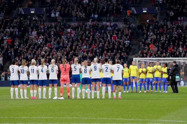 England Women v Brazil Women Womens Finalissima 2023 A minutes applause was held in memory of Pele before the Womens Finalissima 2023 match between England Women and Brazil Women at Wembley Stadium, London Content Not Available For UK Newspapers Copyright: xPaulxChestertonx FIL-18329-0039 UK Newspapers OUT