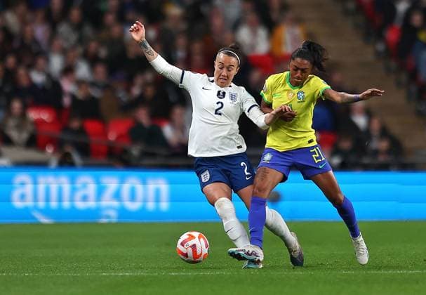 Mandatory Credit: Photo by Michael Zemanek Shutterstock (13857571t) Lucy Bronze of England and Kerolin of Brazil England Women v Brazil Women, Finalissima, CONMEBOL-UEFA Cup of Champions, Football, Wembley Stadium, London, UK - 06 Apr 2023 EDITORIAL USE ONLY No use with unauthorised audio, video, data, fixture lists, club league logos or live services. Online in-match use limited to 120 images, no video emulation. No use in betting, games or single club league player publications. England Women v Brazil Women, Finalissima, CONMEBOL-UEFA Cup of Champions, Football, Wembley Stadium, London, UK - 06 Apr 2023 EDITORIAL USE ONLY No use with unauthorised audio, video, data, fixture lists, club league logos or live services. Online in-match use limited to 120 images, no video emulation. No use in betting, games or single club league player publications. Copyright: xMichaelxZemanek Shutterstockx 13857571t