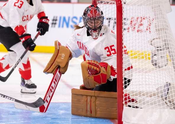 April 7, 2023, BRAMPTON, ON, CANADA: Canada goaltender Ann-Renee Desbiens (35) keeps an eye on the action during third period IIHF WomenöÄÃ s World Hockey Championship hockey action against Czechia in Brampton, Ont., on Friday, April 7, 2023. Canada News - April 7, 2023  - ZUMAc35_ 20230407_zaf_c35_118 Copyright: xFrankxGunnx