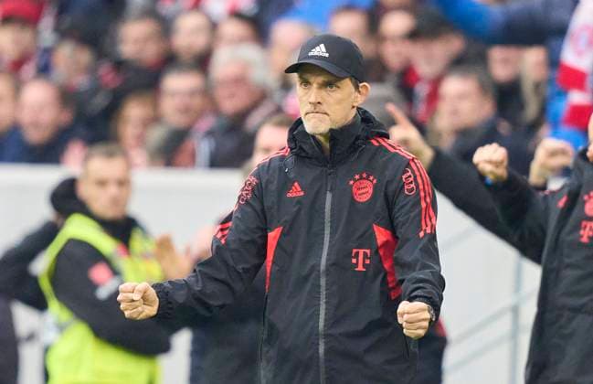 Sport Themen der Woche KW14 Sport Bilder des Tages Trainer Thomas Tuchel (FCB), team manager, headcoach, coach, celebrates 0-1 goal, happy, laugh, celebration, in the match SC FREIBURG - FC BAYERN MUENCHEN 1.German Football League on Apr 8, 2023 in Freiburg, Germany. Season 2022 2023, matchday 27, 1.Bundesliga, FCB, BVB, München, 27.Spieltag.