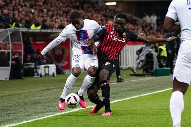 Nuno Mendes (Paris SG) - Antoine Alpha Mendy (OGC Nice) FOOTBALL : OGC Nice vs Paris SG - Ligue 1 Uber Eats - Nice - 08 04 2023 NorbertScanella Panoramic 