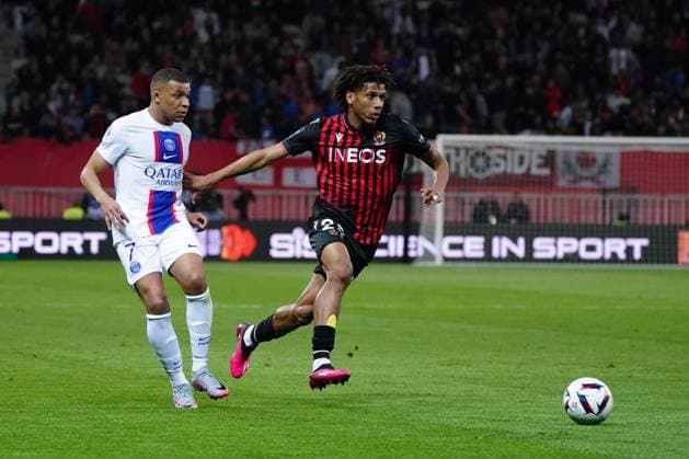 Kylian MbappÃ (Paris SG) - Jean Clair Todibo (OGC Nice) FOOTBALL : OGC Nice vs Paris SG - Ligue 1 Uber Eats - Nice - 08 04 2023 NorbertScanella Panoramic 