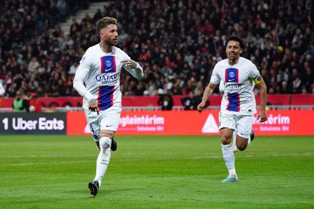 Joie - Sergio Ramos (Paris SG) FOOTBALL : OGC Nice vs Paris SG - Ligue 1 Uber Eats - Nice - 08 04 2023 NorbertScanella Panoramic 