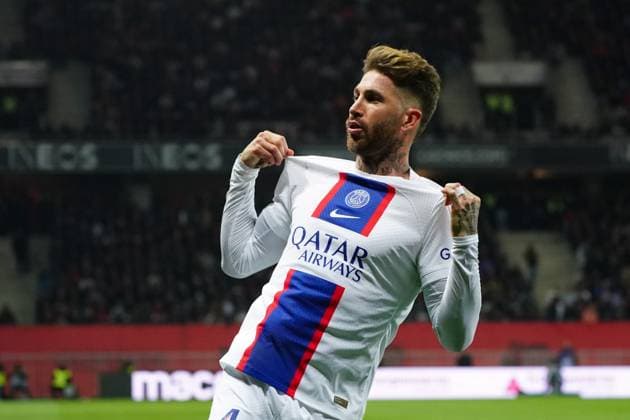 Joie - Sergio Ramos (Paris SG) FOOTBALL : OGC Nice vs Paris SG - Ligue 1 Uber Eats - Nice - 08 04 2023 NorbertScanella Panoramic 