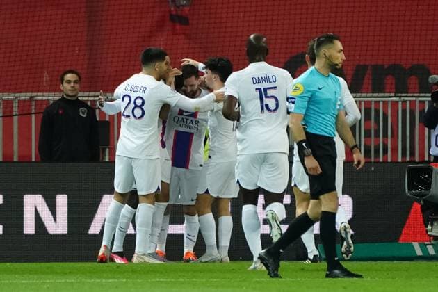 Joie - Lionel Messi (Paris SG) FOOTBALL : OGC Nice vs Paris SG - Ligue 1 Uber Eats - Nice - 08 04 2023 NorbertScanella Panoramic 