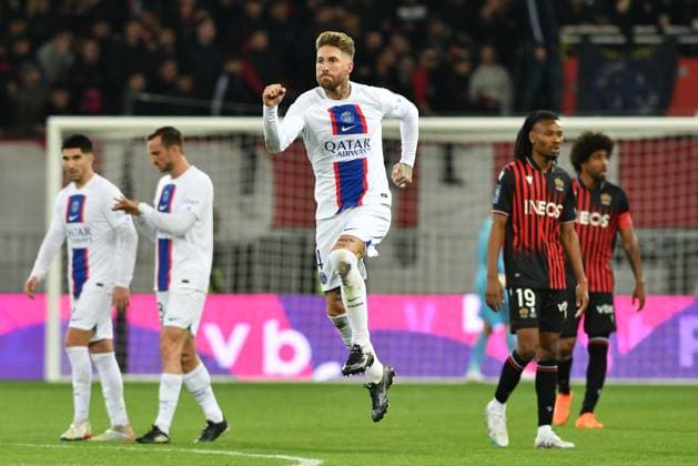 April 8, 2023, Nice, France: Nice, France, Allianz Riviera, April 08, 2023, sergio ramos (psg) celebrates the 0-2 during OGC Nice vs Paris Saint Germain (PSG) - French football Ligue 1 match. French football Ligue 1 match - OGC Nice vs Paris Saint Germain (PSG), Nice, France  - ZUMAl164 20230408_zsa_l164_709 Copyright: xAlessioxTarpinix