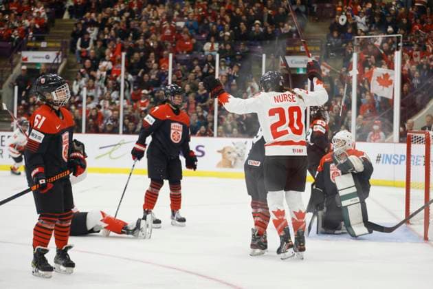 April 8, 2023, BRAMPTON, ON, CANADA: Canada forward Sarah Nurse (20) and Canada forward Sarah Fillier (10) celebrate a goal against Japan during first period IIHF WomenöÄÃ s World Hockey Championship hockey action in Brampton, Ont., on Saturday, April 8, 2023. Canada News - April 8, 2023  - ZUMAc35_ 20230408_zaf_c35_038 Copyright: xColexBurstonx