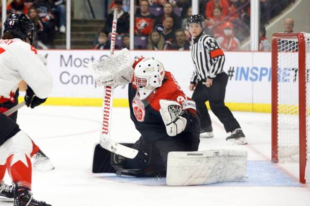 April 8, 2023, BRAMPTON, ON, CANADA: Japan goaltender Riko Kawaguchi (31) makes a save against Canada during third period IIHF Womens World Hockey Championship hockey action in Brampton, Ont., on Saturday, April 8, 2023. Canada News - April 8, 2023  - ZUMAc35_ 20230408_zaf_c35_077 Copyright: xColexBurstonx