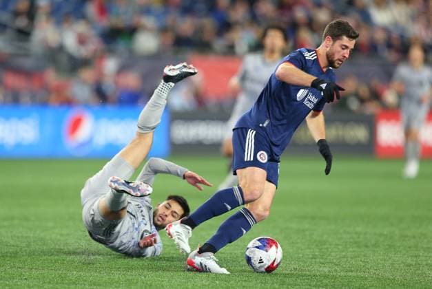 April 8, 2023; Foxborough, MA, USA; New England Revolution midfielder Matt Polster (8) and CF MontrÅ½al midfielder Mathieu ChoiniÂre (29) controls the ball during an MLS, Fussball Herren, USA match between CF Montreal and New England Revolution. CSM Foxborough United States - ZUMAc04_ 20230408_zaf_c04_076 Copyright: xAnthonyxNesmithx