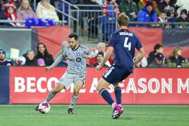 April 8, 2023; Foxborough, MA, USA; CF MontrÅ½al midfielder Mathieu ChoiniÂre (29) and New England Revolution defender Henry Kessler (4) in action during an MLS, Fussball Herren, USA match between CF Montreal and New England Revolution. CSM Foxborough United States - ZUMAc04_ 20230408_zaf_c04_079 Copyright: xAnthonyxNesmithx