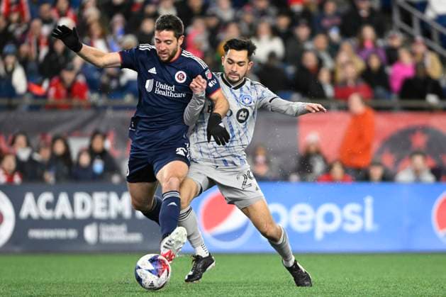 FOXBOROUGH, MA - APRIL 08: New England Revolution midfielder Matt Polster (8) and CF Montreal midfielder Mathieu Choiniere (29) battle for the ball during a match between the New England Revolution and CF Montreal on on April 8, 2023, at Gillette Stadium in Foxborough, Massachusetts. (Photo by Erica Denhoff Icon Sportswire) SOCCER: APR 08 MLS, Fussball Herren, USA - New England Revolution vs CF Montreal Icon23040804