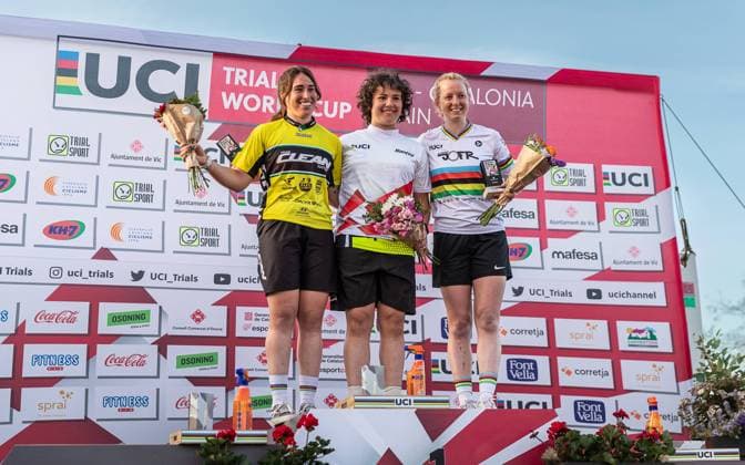 UCI Trials World Cup 2023 Vic Spain , 09 04 2023 Alba RIERA ROURA ESP, 19 , center, Vera BARON RODRIGUEZ ESP, 2 , left, and Nina REICHENBACH GER, 1 , right, on the podium after the final of the Trialsport World Cup 2023 in Vic Spain on 09 04 2023 Copyright: xBEAUTIFULxSPORTS Meurerx