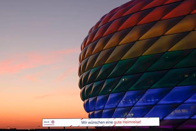 Allianz Arena with special lighting in rainbow colors on 16 07 2022 in Munich The Allianz Arena is a soccer stadium in the north of Munich and home of FC Bayern Munich xMSJPGx
