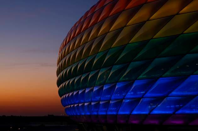 Allianz Arena with special lighting in rainbow colors on 16 07 2022 in Munich The Allianz Arena is a soccer stadium in the north of Munich and home of FC Bayern Munich xMSJPGx