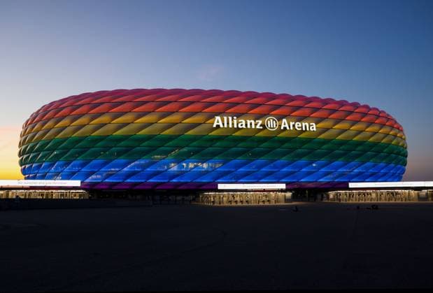 Allianz Arena with special lighting in rainbow colors on 16 07 2022 in Munich The Allianz Arena is a soccer stadium in the north of Munich and home of FC Bayern Munich xMSJPGx