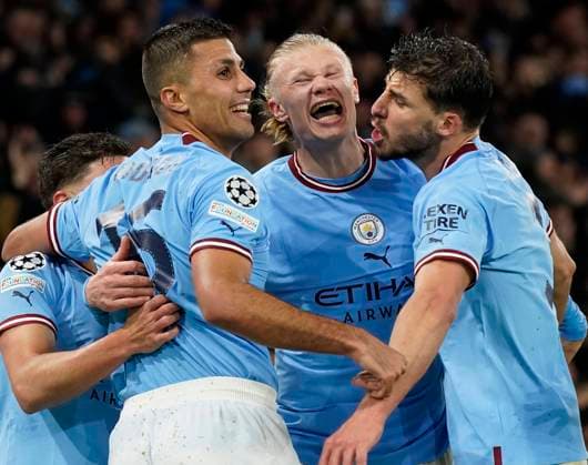 Sport Bilder des Tages Manchester, England, 11th April 2023. Erling Haaland of Manchester City turns to celebrate scoring their third goal during the UEFA Champions League match at the Etihad Stadium, Manchester. Picture credit should read: Andrew Yates Sportimage EDITORIAL USE ONLY. No use with unauthorised audio, video, data, fixture lists, club league logos or live services. Online in-match use limited to 120 images, no video emulation. No use in betting, games or single club league player publications. SPI-2360-0097