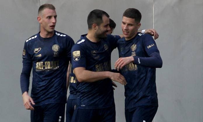 11.04.2023 Belgrade(Serbia) FK Vozdovac-TSC Backa Topola Topolya MozzartBet Super Liga men s football Nikola Kuveljic,Goran Antonic,Petar Ratkov TSC Backa Topola Topolya celebrate second scored goal on match :