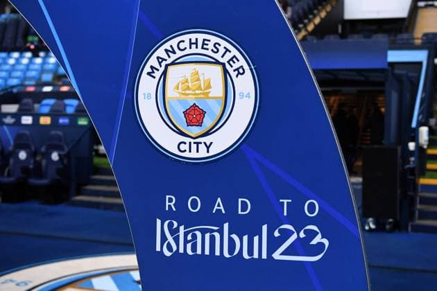 Soccer Champions League quarterfinals Manchester City FC Bayern Munich on 11 04 2023 at the Etihad Stadium in Manchester symbol photo logo Manchester City Road to Istanbul xHDx